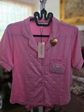 Juicy Couture Pink Short Sleeve Button-Up Top with Rhinestone Crown